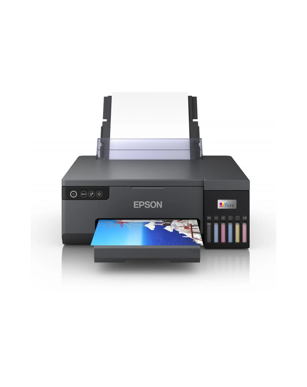 L'imprimante Epson EcoTank L8050 photo permet d'imprimer des photos de haute qualité et de support PVC grâce à ses réservoirs rechargeables et son faible coût par impression.